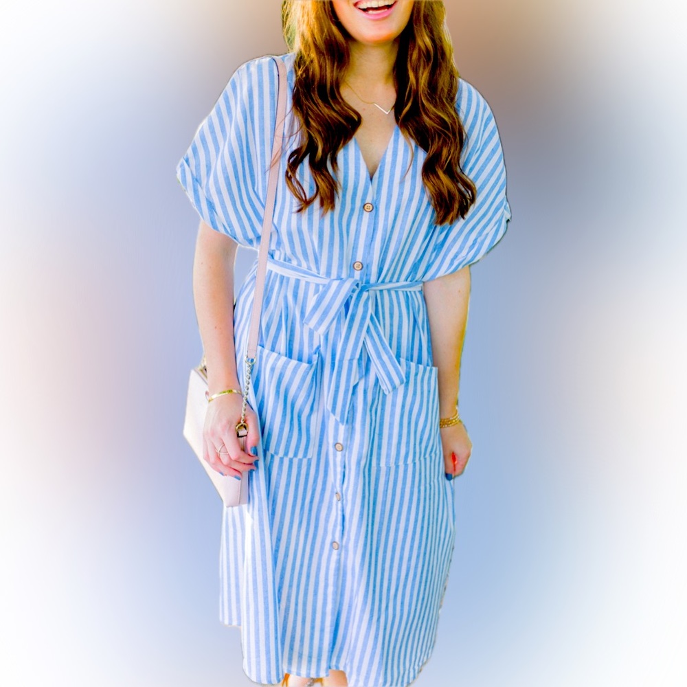 White and blue striped dress
